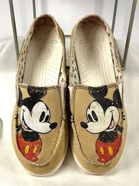 Crocs × Disney Mickey Mouse Tan Canvas Slip on –Distressed Comfort Shoes Size 9W